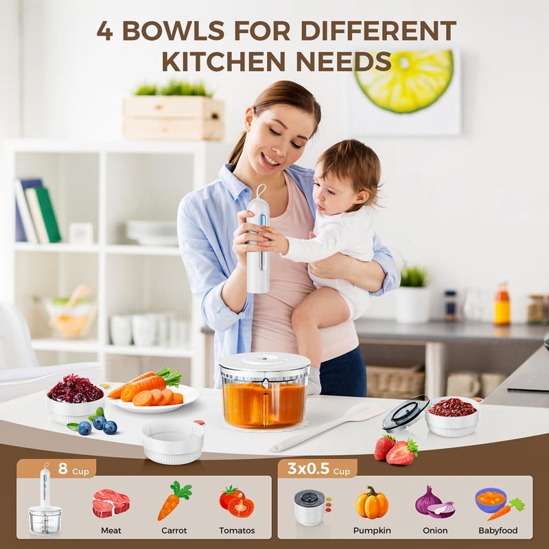 TTFTTF Glass Food Processor with 4 Blades & 4 Bowls (8 Cup + 3x0.5 Cup), Small Food Processor& Meat Grinder - Compact Design for Meal Prep, Baby Food, Sauces - Dishwasher Safe - Image 4